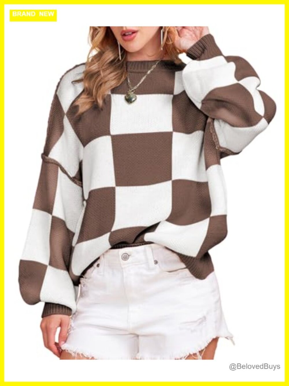 Womens Checkered Lantern Sleeve Ribbed Knit Pullover Sweater Crew Neck